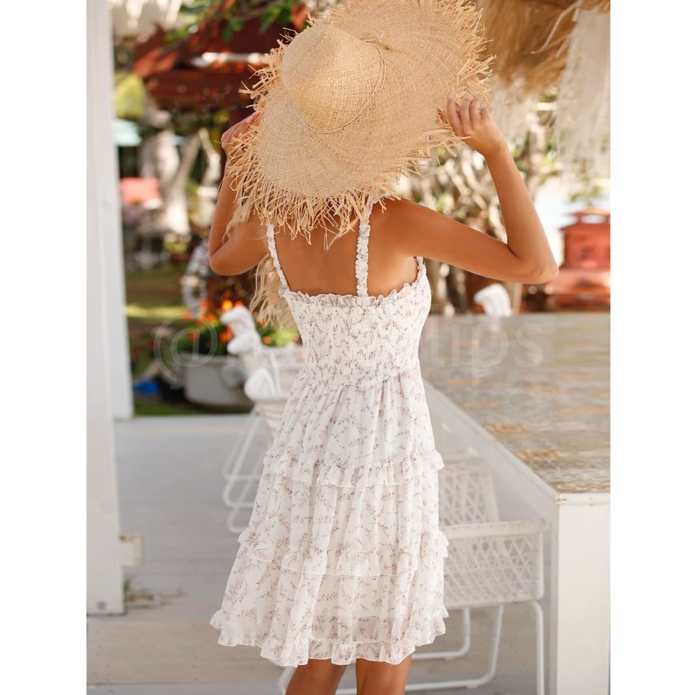 White Floral Ruffle Details Mini Dress Shirred Top Flared Skirt French Style - Picture 5 of 16